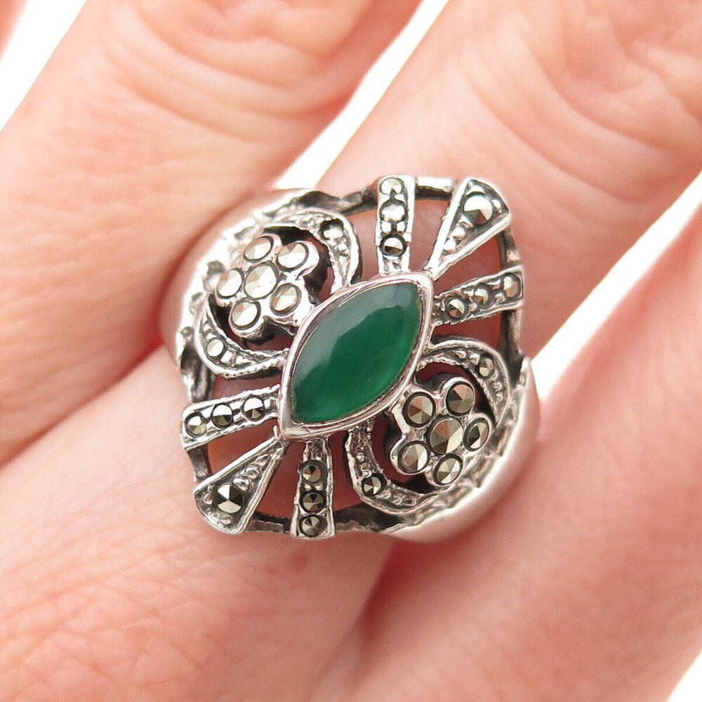 Chapal Zenray 925 Sterling Silver Vintage Real Chalcedony Marcasite Ring Size 9